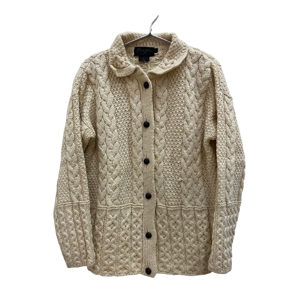 Peregrine Cardigan Sweater Womens Medium Cream Pure New Wool Cable Knit England